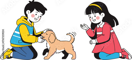 Happy children, a boy petting a brown puppy and a girl holding a black puppy, pet love, cute animals, childhood friendship.