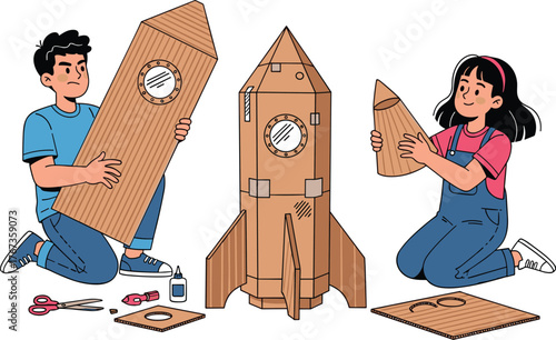 Happy, creative children building a cardboard rocket, craft project, DIY toy, STEM education, imagination, fun, playful learning.