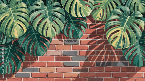 Vibrant green monstera leaves casting dramatic shadows on a rustic brick wall