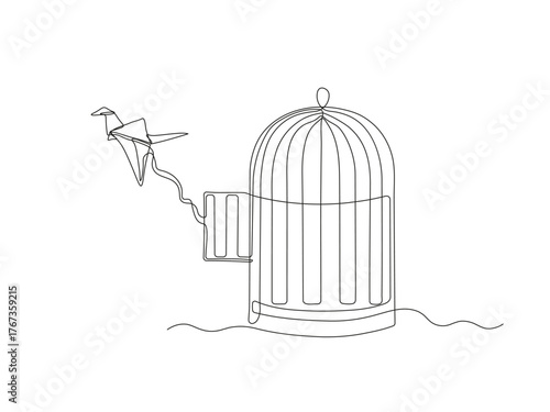 An abstract origami paper bird flies out of cage, birdcage, continuous single one line art hand drawing sketch, logo on white background