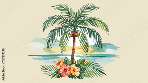 Tropical palm tree with hibiscus flowers on a beach island landscape