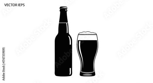 A dark beer bottle and a full glass of beer are silhouetted against a white background.