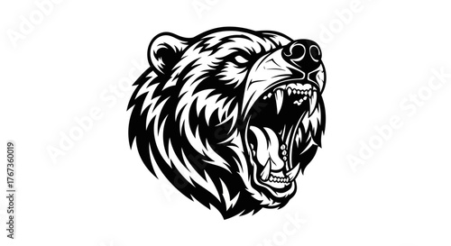 A ferocious grizzly bear's head is depicted in a black and white illustration with its mouth wide open.