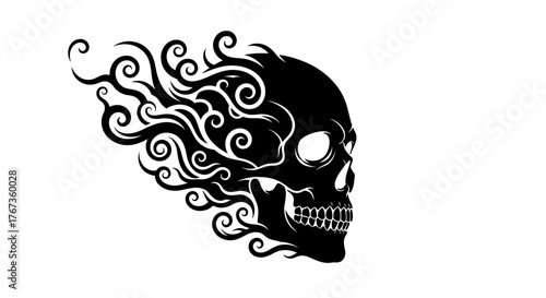 A black silhouette of a skull with swirling flames dissipating from the side.