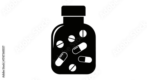 A silhouette of a pill bottle filled with various pills and capsules.