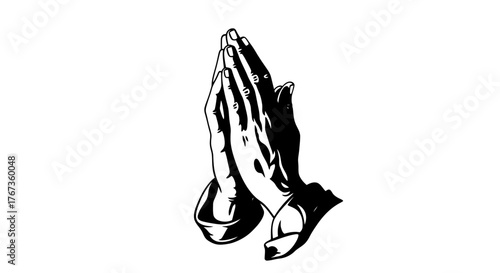 Hands clasped together in prayer against a white background.