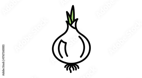 A simple line drawing of a whole onion with roots and sprouts against a white background.