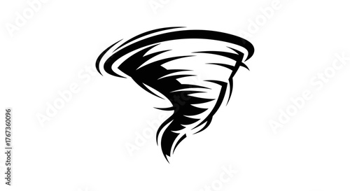 A stylized black and white illustration of a swirling tornado.