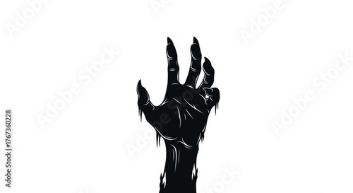 A dark, shadowy hand emerges from a white background, reaching upwards.