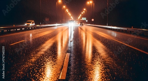 Vibrant night journey on a wet highway, brilliant streetlights and car headlights reflecting on the rain-slicked asphalt, creating a dynamic urban travel scene
