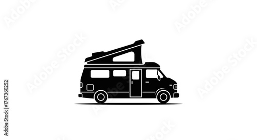 A black silhouette of a camper van with its pop-top roof extended.