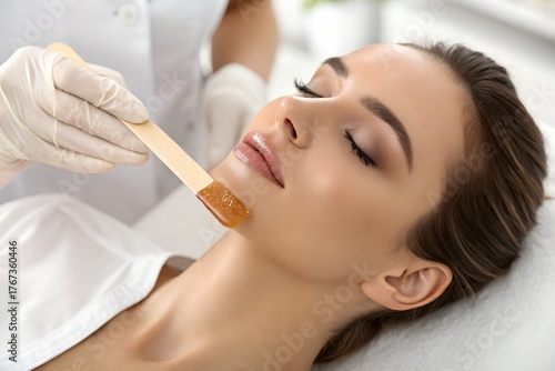 Facial hair removal procedure in a beauty salon. A professional esthetician applies hot wax to a woman's chin for epilation and smooth skin.
 Generative Ai.