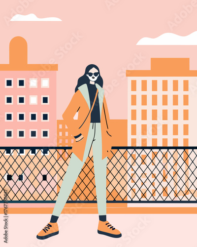 Stylish woman posing in streetwear outfit — oversized jacket, sneakers, and sunglasses — urban city background, fashion editorial style.