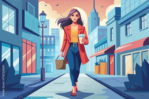Stylish woman walking through urban street with coffee, fashion-forward, city lifestyle, bokeh background.
