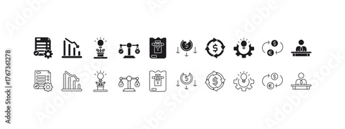 Several  business and finance icon designs for presentations, marketing materials, websites, and infographics on financial topics.