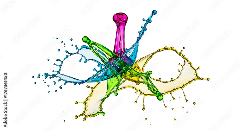 Obraz premium Dynamic high-speed capture of vibrant magenta, green, blue, yellow liquid splashes colliding into abstract forms on white.