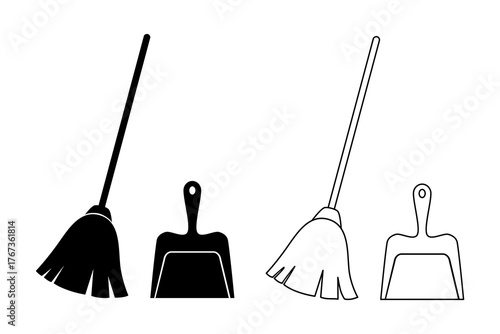Brooms and Dustpans icon,Cleaning tools icon, Line style and black silhouette. Flat vector illustration design isolated on white background.