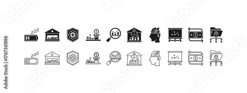 Business and finance themed outline icons suitable for presentations, infographics, web design, and financial content creation. Versatile and informative graphics.