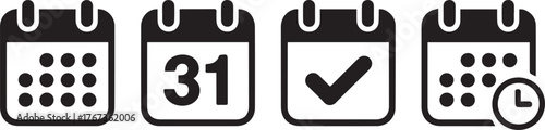 a collection of calendar icons, each representing different aspects of time management, scheduling, and reminders. They are clean and easily recognizable, vector, illustration