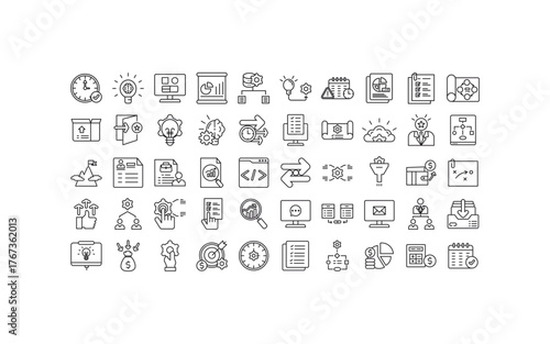 Project management icon showing thinline icons depicting diverse business concepts like time management, team collaboration, and project planning. Suitable for project management materials.