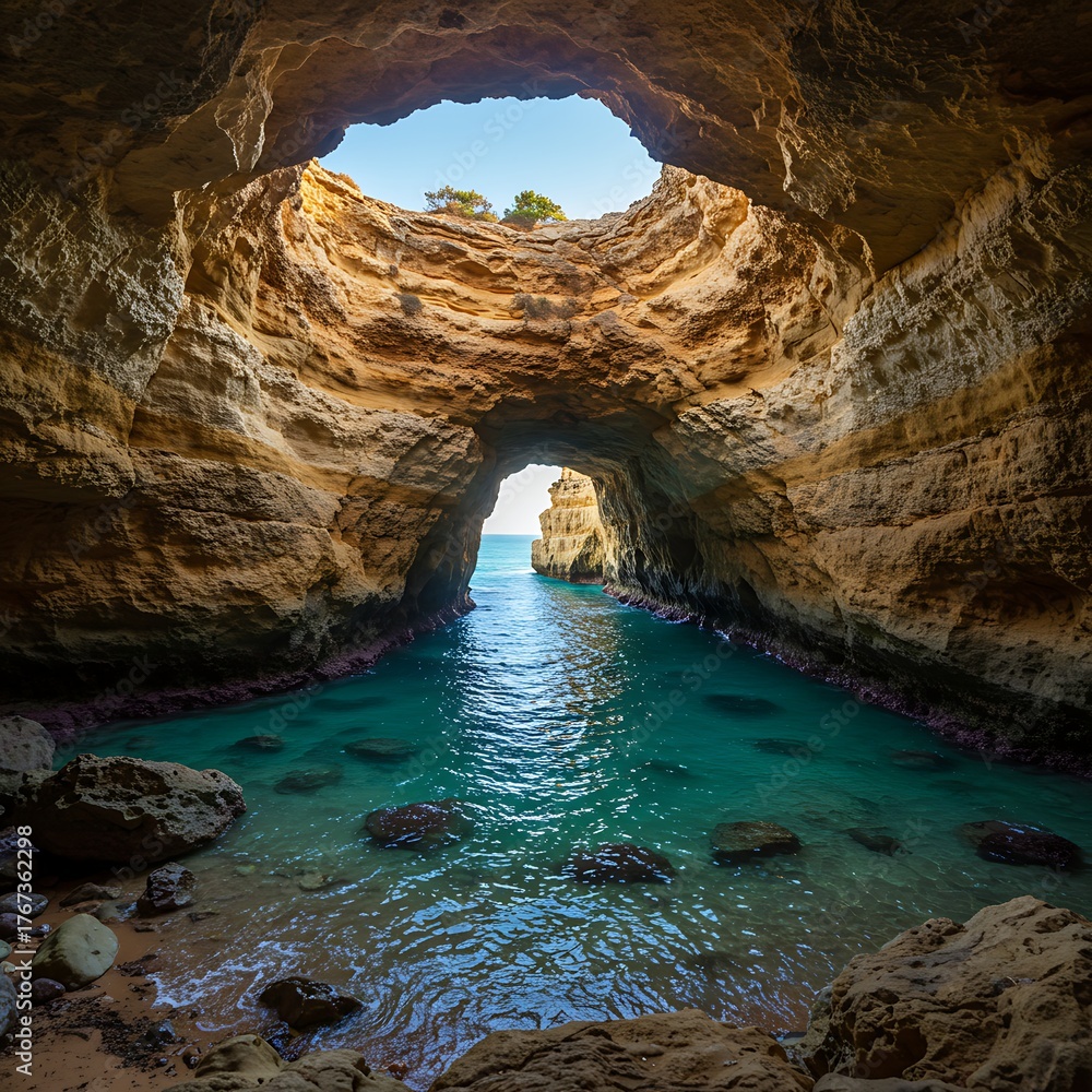Fototapeta premium Stunning coastal cave with turquoise water and natural rock formations.