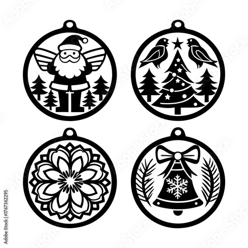 Four round christmas ornaments with festive designs