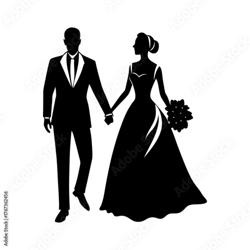 Elegant silhouette of a bride and groom holding hands