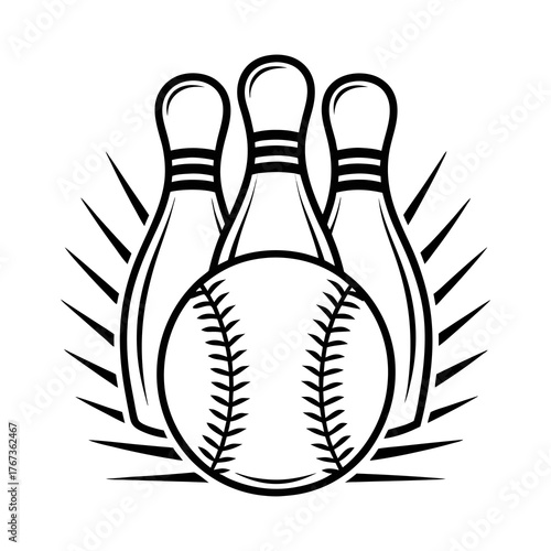 Baseball and bowling pins illustration with rays