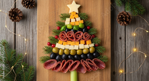 Festive Holiday Christmas Tree Charcuterie Board Arrangement Food Still Life