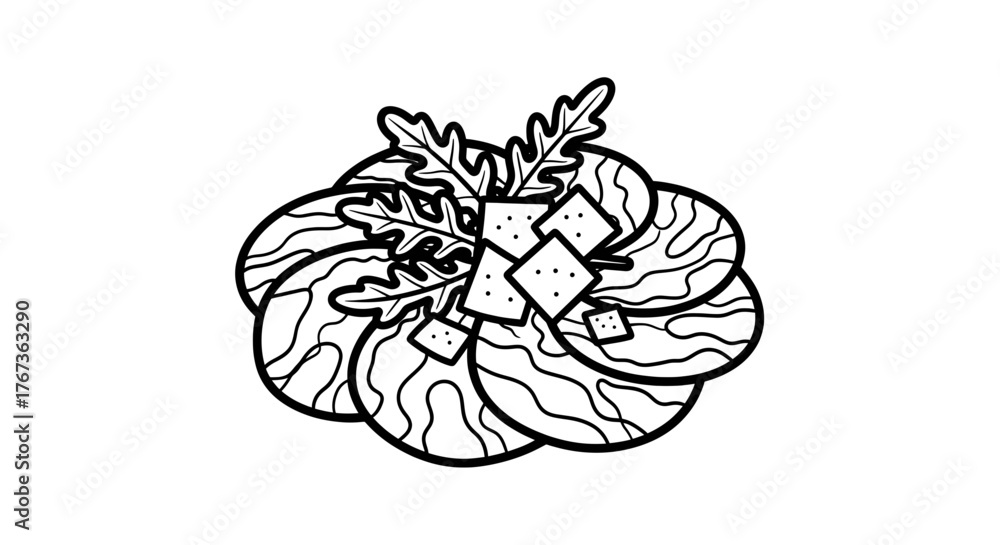 Fototapeta premium Artistic depiction of a salad with crackers and leaves black and white.