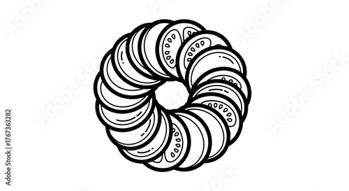Artistic depiction of a circular arrangement of sliced tomatoes black and white illustration.