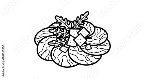 Artistic depiction of a salad with crackers and leaves black and white.