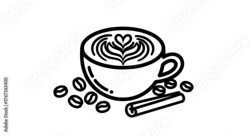 Coffee cup with latte art coffee beans and cinnamon stick.