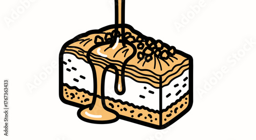 Delicious baklava dessert with honey pouring on top sweet treat.