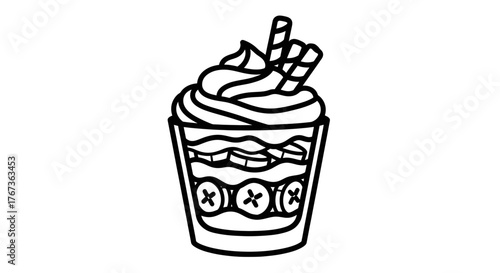 Delicious banana split dessert with whipped cream and wafer sticks.