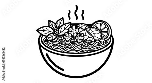 Delicious bowl of noodles with fresh herbs and lemon slices.