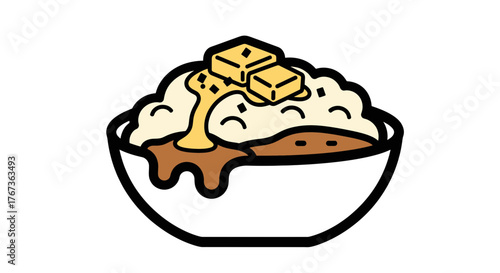 Delicious bowl of mashed potatoes with gravy and butter cubes.