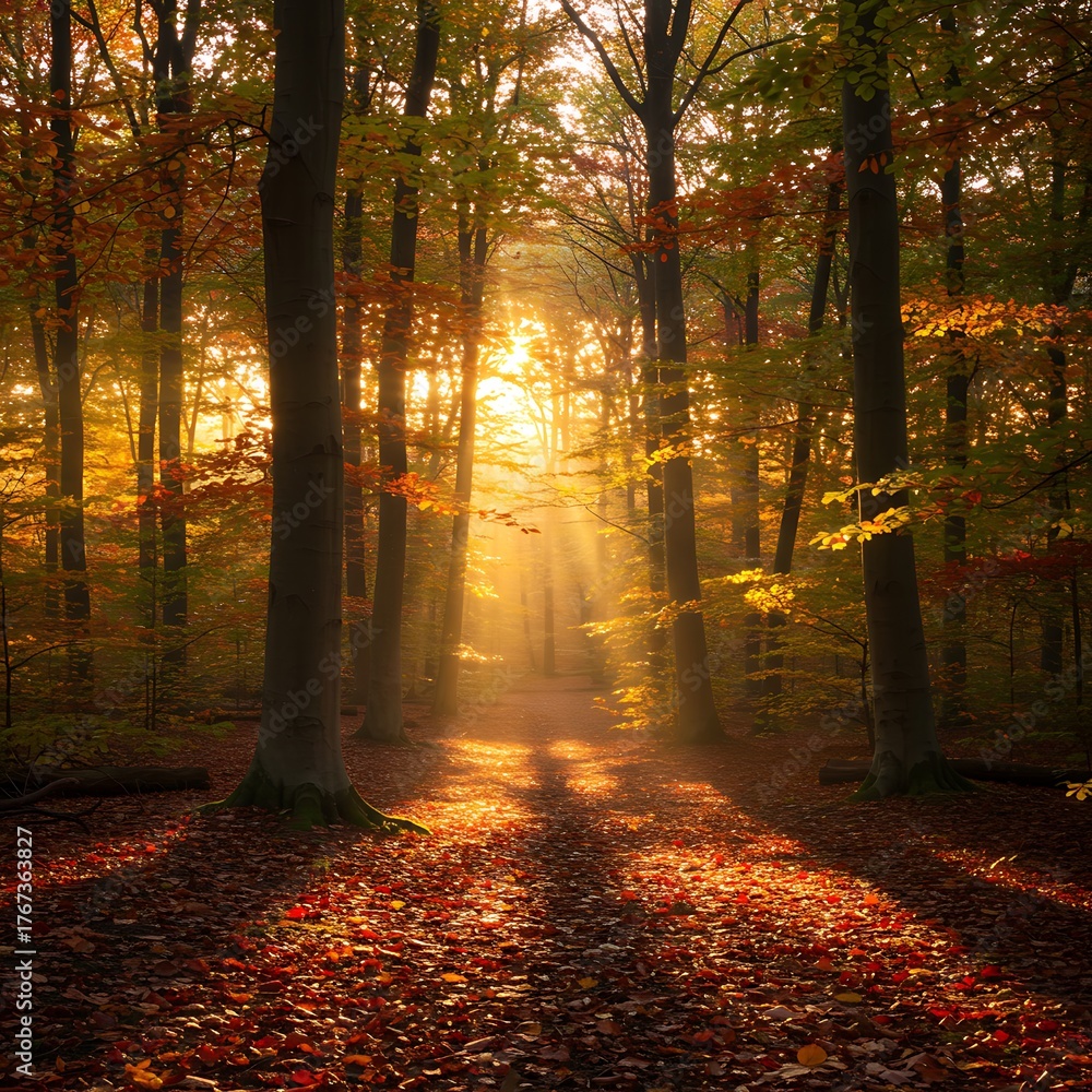 Fototapeta premium Sunlit Path Through Autumn Forest - A Golden Hour Scene.