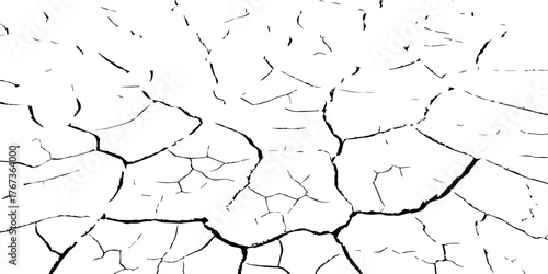Cracked dry earth texture symbolizing drought and desertification. High-contrast black and white cracked soil background perfect for climate change, environmental awareness, and texture design project