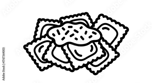 Pile of delicious ravioli pasta with a creamy sauce on top.