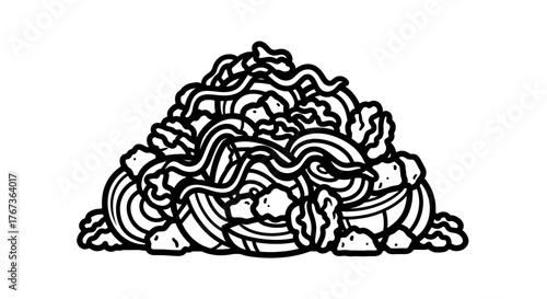 Pile of noodles with some vegetables and some rocks black and white drawing.
