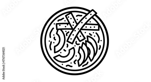 Pizza with toppings and cross sticks food illustration black and white.