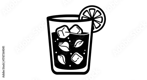 Refreshing beverage with ice cubes and a lemon slice perfect for summer.