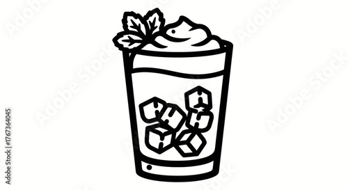 Refreshing beverage with ice cubes and mint garnish in a glass.