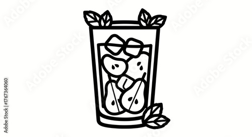 Refreshing pear juice with ice and mint leaves summer drink.