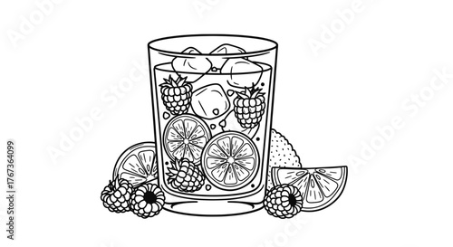 Refreshing summer drink with ice raspberries and lemon slices.