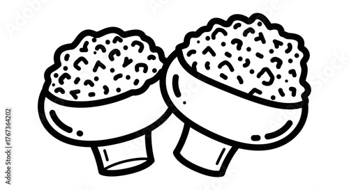 Two bowls of rice with mushroom stems a simple black and white illustration.