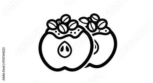 Two halves of an apple with seeds a simple black and white illustration.