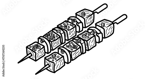 Two skewers of grilled food with square pieces and toppings.