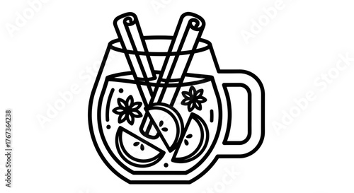Warm beverage with cinnamon sticks and fruit slices perfect for winter.